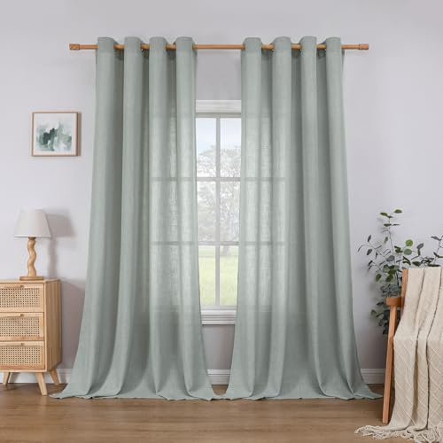 CUCRAF Linen Curtains Eyelet Sheer Net Voile 2 Panels 55 Width x 84 Drop Sage Green