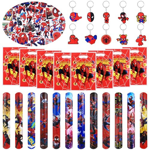 82 Pcs Mitgebsel Kindergeburtstag, Spider Party Mitgebsel Spielzeug Geburtstagsdeko 12 Schnapparmband Kinder 10 Schlüsselschnalle 50 Aufkleber 10 Geburtstagstüten Geburtstag Deko Zubehör Gadget