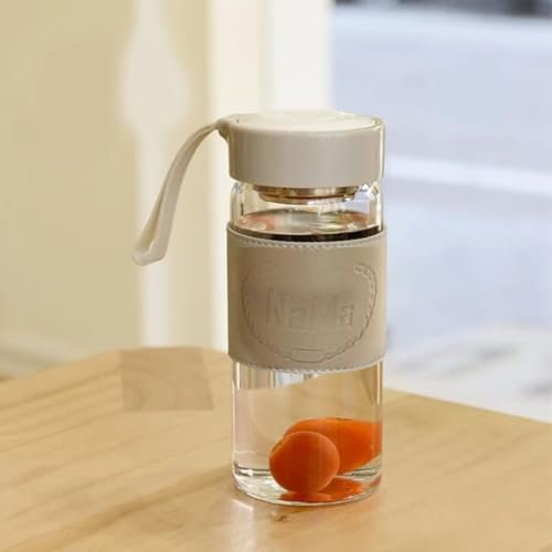 NaMa 480ml Premium High Borosilicate Glass Bottle - Lightweight & Durable with Soft Silicone Strap and Stylish Leather Sleeve (Grey)