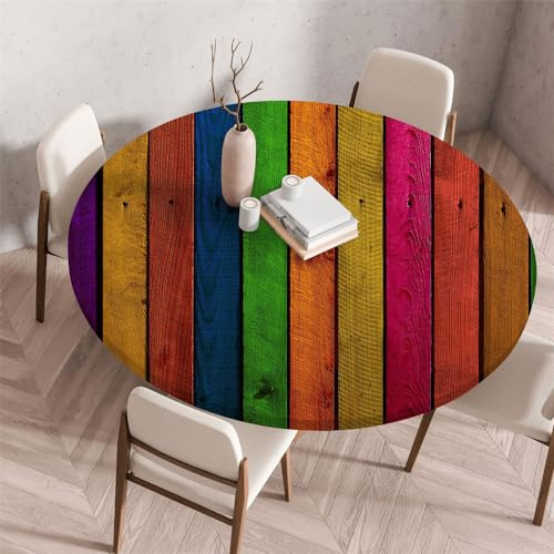 Chickwin Elastische Tischdecke Rund Outdoor Fleckschutz Abwischbar 3D Hölzerne Textur Muster Anti-Rutsch Round Gartentischdecke Tischdecke für Küche Camping Picknick (70cm,Bunt)