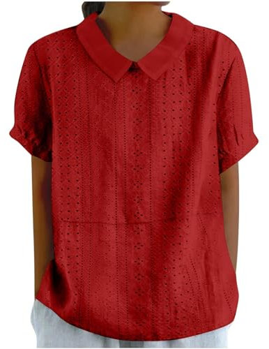 leinenbluse Damen Kurzarm Bluse leinen Sommer blusen Einfarbig Baumwoll Revers Musselin Tunika top blusentop（Rot, XXL