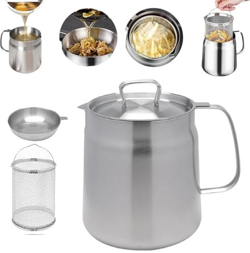 VNDUIFH 2-In-1 304 Stainless Steel Multifunctional Oil Strainer Pot,Stainless Steel Oil Filter Pot With Strainer For Kitchen (1,2L)