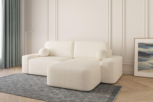 Ecksofa Lisbon – Ottomane beidseitig montierbar, Ecksofa aus Bouclé, Couch für Wohnzimmer, Schlafsofa Sofagarnitur Sofa Eckcouch L-Form mit Bettkasten und Schlaffunktion - (Weiß (Anthology 1))
