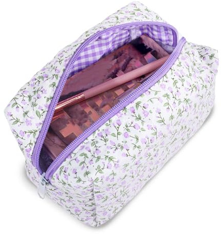 JJUNW Blumenmuster Kulturtasche, Tragbare Makeup Tasche, Winter Kosmetiktaschen Toilettenartikel Schminktasche Handtasche Reißverschluss Organizer Tasche Münztasche für Mädchen Frauen (lila)