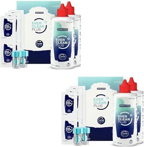 Avizor Ever Clean Plus 4 x 350 ml + 180 Tablets - Cleaning and Disinfectant Solution for Contact Lenses - Removes Lipids and Proteins - No Preservatives - Economy Pack