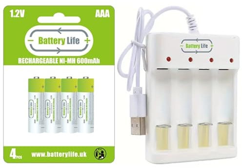 Battery Life AAA Rechargeable Batteries and USB charger 600mah (4 pack) NI-MH 1.2V Long Life UK Brand