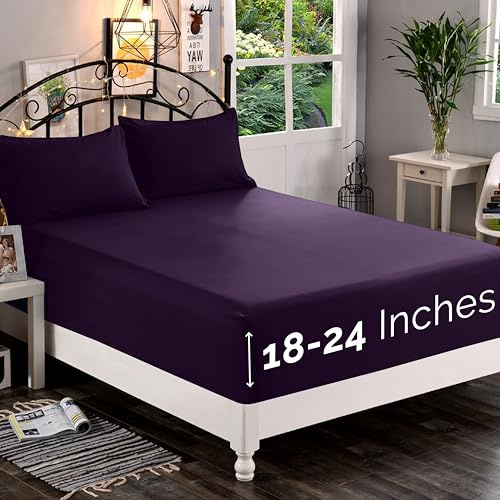 Elegant Comfort 1500 Premium Quality Fitted Sheet Ultra Soft 18-24 Inch Extra Deep Pocket - Single Fitted Sheet for High Mattress-Wrinkle Free with Smart Storage Pockets, Cal King, Eggplant-Purple