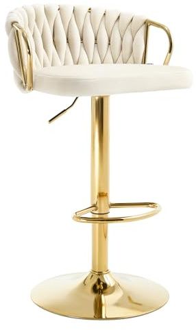 WOLTU Barhocker, mit geflochtener Lehne, Samtstuhl, Creme | Barstuhl höhenverstellbar, 360° drehbar, Küchenhocker mit Fußstütze, Metallrahmen, für Küche Hausbar