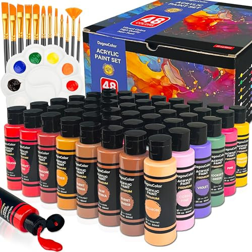 DagouColor 61 PCS Acrylic Paints Set - 48 Colors * 2oz/60ml Art Craft Paint Bottles, 12 Brushes, 1 Palette, Premium Art Supplies Gifts for Artists Kids Beginners on Canvas Rocks Wood Ceramic Fabric