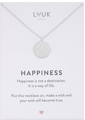 LUUK LIFESTYLE Halskette aus Edelstahl mit Anhänger und HAPPINESS Spruchkarte, Freundschaftskette, Geschenk zum Geburtstag, Damenschmuck, Silber, Gold, Rosé