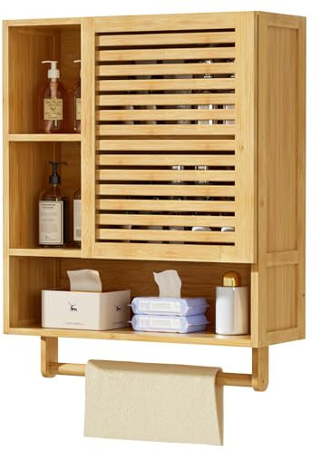 Yorbay Badezimmerschrank Hängend, Bambus Wandschrank mit Handtuchstange und Offenem Fach, Platzsparender Medizinschrank mit Einzeltür für Bad und Küche, 20 x 56 x 70 cm (Bambusfarbe)