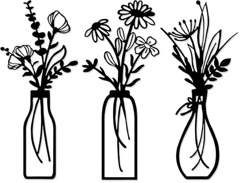 Viitech 3 Stück Metall-Blumen-Wanddekoration, minimalistische Vase, Metall-Wandkunst, Blume in Vase, Draht, Wandbehang Dekor für Zuhause, Schlafzimmer, Küche, Wohnzimmer (schwarz)
