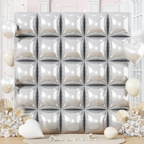 Globos plateados cuadrados de papel de aluminio, 25 piezas, de doble cara, metálicos, cromados, plateados, de papel de aluminio, cuadrados, fondo plano en túnel para cumpleaños, graduación, baby
