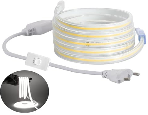 H+H Leipzig COB LED Stripe Set, LED Streifen Band Lichtschlauch Leiste Kette, Teilmöglichkeit aller 10 cm, 360LEDs pro Meter, IP20 Netzkabel mit Eurostecker (50 Meter, Kaltweiß (6000K), mit Schalter)