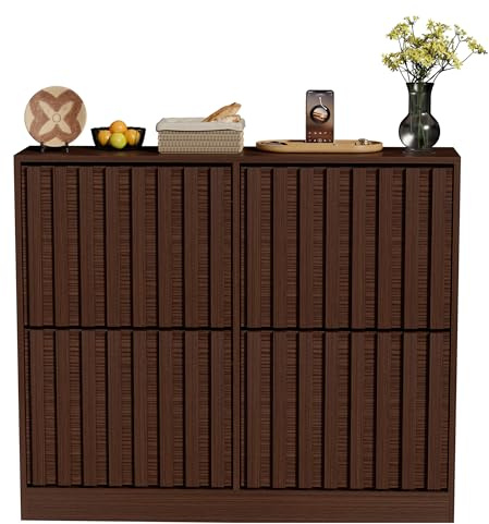 UEV Schuhschrank mit 4 Klappen Holz Schmal Schuhkipper Schuhkommode mit Kippschutz, Schuhaufbewahrung, Flurkommode Schuhregal Flur, Verstellbare Trennwände für Verschiedene Schuhtypen Dunkelbraun