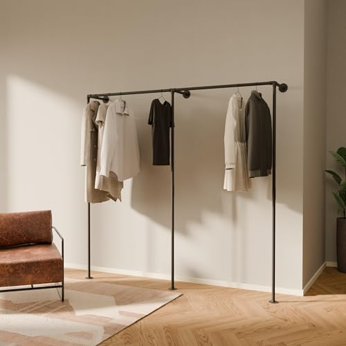 pamo Kleiderstange Wandmontage – 201 cm | 193 cm | 200 kg Traglast | Offener Kleiderschrank Schwarz I Pulverbeschichtet I Stoß- & Kratzfest I Kleiderschrank System | Montage in 25 Min