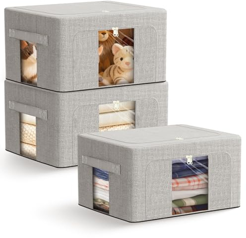 AIOR 3PCS 24L Clothes Storage Bags with Metal Frame, Foldable Fabric Storage Boxes with Clear Windows for Blankets Bedding Comforters, Ideal for Underbed and Wardrobe Organisation
