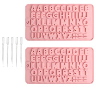 Lot de 2 moules en silicone en forme de lettres roses - Grand format 11,3 x 20,8 cm - Avec une pipette transparente - Idéal pour la décoration de gâteaux, de bonbons (rose)