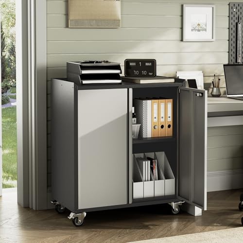 Aktenschrank Abschließbar, Mehrzweckschrank aus Stahl, Metallschrank mit Verstellbare Einlegeböden & 2 Türen, Büroschrank Rollbare für Arbeitszimmer Büro Garage Schule 90x77x46cm