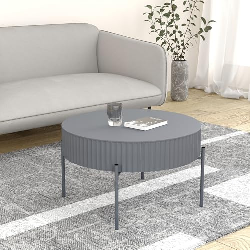 [en.casa] Couchtisch rund Rill Wohnzimmertisch mit Schublade 36 x Ø60 cm Stauraum gerillt Kleiner Tisch mit Metallbeine in Grau