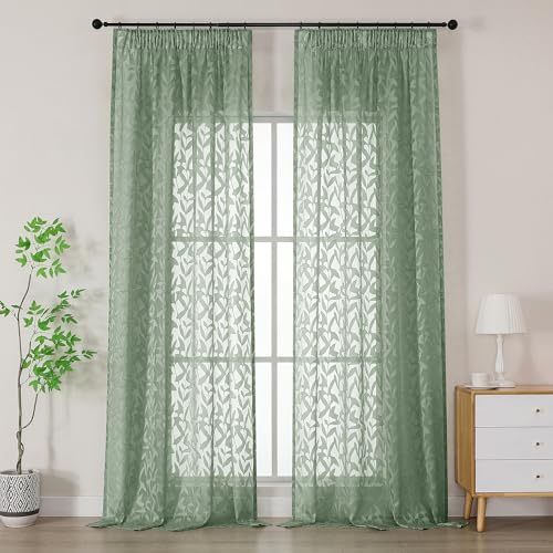 Simplebrand Leah Salbei Grün Lichtdurchlässig Clip Jacquard Voile Ausbrenner Gardine mit Blätter Muster transparenter Vorhang mit Kräuselband Wohnzimmer Gardinenschals B140xH245cm Salbei Grün 2 St