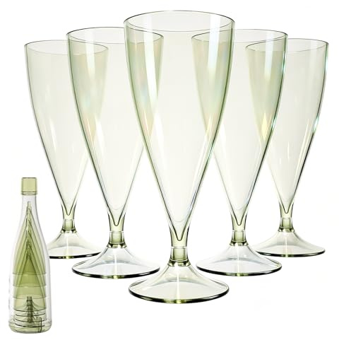 Cozary 5 Pezzi Flute Plastica 155ML, con 1 tazza manicotto, Calici Plastica Rigida Lavabili e Riutilizzabili, Rimovibile, Per Feste, Matrimoni, Compleanni, Natalizi, Verde