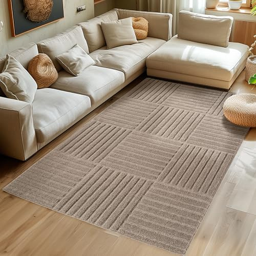SIMPEX Wohnzimmer Teppich 160x230 cm Beige Hochflor Skandi Boho Karo Design Hoch-Tief Effekt Weicher Shaggy Langflor Flauschig Robust Pflegeleicht Modern für couchtisch
