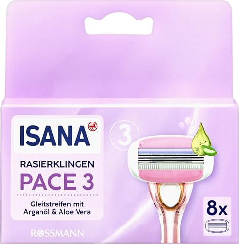 ISANA Pace 3 Lady Rasierklingen, 8 Ersatzklingen - Gleitstreifen mit Arganöl und Aloe Vera