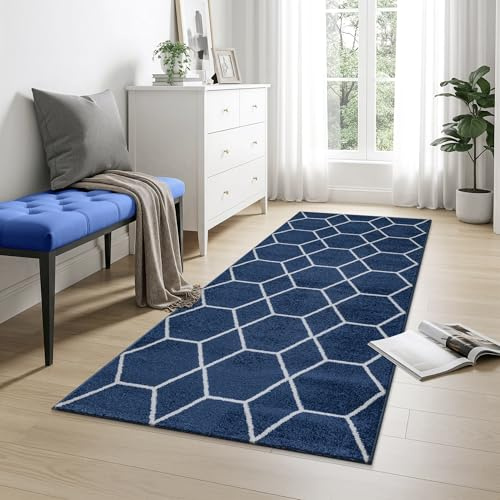 SANAT Wohnzimmerteppich – Pflegeleicht, für jeden Raum geeignet – Öko-Tex zertifizierter Flächenteppich – Trellis Muster, Marine, 80 x 150 cm