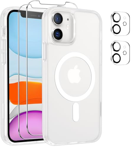 Czyoa Magnetic Cover per iPhone 11 Compatibile con 2 vetri temperati e 2 vetri per Fotocamera, Translucent Matte Slim Back PC+TPU Bumper Shockproof - Trasparente Opaco