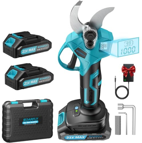 SOARFLY Akku Astschere, Akku Gartenschere mit 2x2000mAh Batterien, 35mm Maximaler Schnittdurchmesser, Brushless Motor mit LCD Display und Energiesparfunktion für Garten und Obstbäume (Blau)