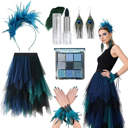 YDUNARISE 6er Pfau Kostüm Damen,mit Pfauen Tüllrock,Feder Manschetten,Grüner Lippenstift,Lidschatten,Pfau Kopfschmuck,Ohrringen,zum Karneval Halloween Mottoparty Cosplay