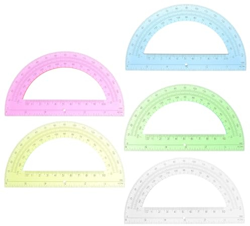 NUOBESTY 5pcs Plastic Half Circle Protractor Set 6-inch Geometry Measuring Rulers for Students with 180-degree Angle Measurement in Red Yellow Blue Green for School Use