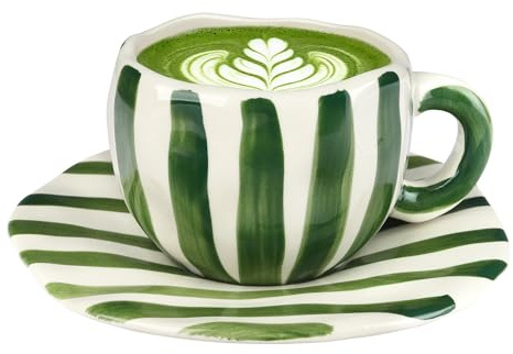 Cappuccino Cup and Saucer Set Striped Art Ceramic Coffee Latte Tea Mug | 360ml/12oz Cute Porcelain Espresso Teacup Gift for Women Girl Birthday Christmas Party, Green