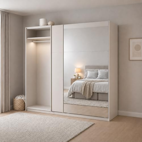 Lomadox Schlafzimmer Kleiderschrank 221 cm breit in Kaschmir Beige matt mit 2 Schwebetüren, LED Kleiderstange, Spiegel -