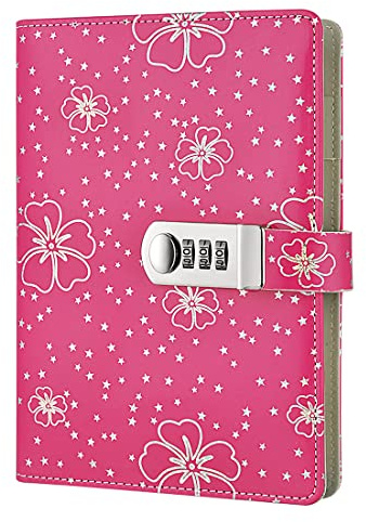 NectaRoy PU Leder Zahlenschloss Tagebuch Schreiben Notebook Planer Organizer, Blumen und Sterne Muster Passwort Tagebuch Notizblock mit Stift halter, Größe 210x145mm