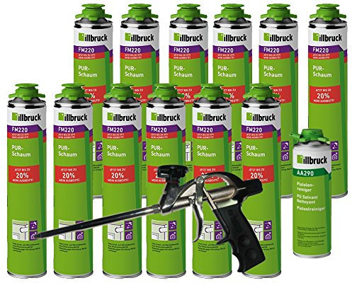 illbruck FM220 Lot de 12 boîtes de mousse de construction professionnelle de 750 ml + nettoyant illbruck AA290 + pistolet à mousse professionnel