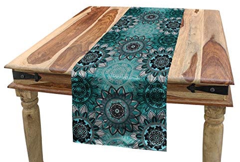 ABAKUHAUS Mandala Tischläufer, Hippie Oriental Frühling, Esszimmer Küche Rechteckiger Dekorativer Tischläufer, 40 x 300 cm, Türkis Schwarz Taupe