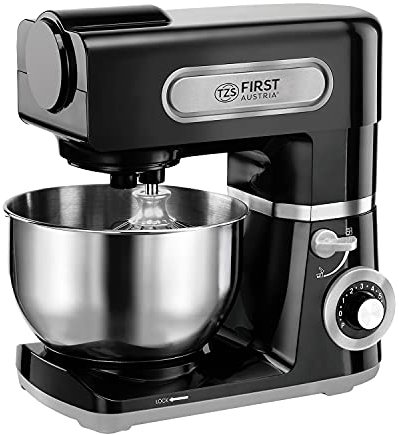 TZS First Austria Professionelle Küchenmaschine | Teigknetmaschine | 1500 W, 6 L Behälter, 6 Geschwindigkeitsstufen, mit Quirl, Knethaken und Schneebesen, Edelstahl