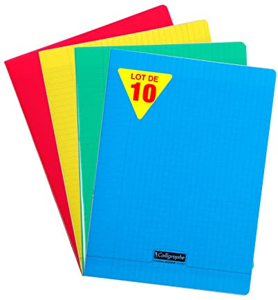Calligraphe 18090C Lot de 10 Cahiers Agrafés (une Marque de Clairefontaine) - 24x32 cm - 96 Pages Grands Carreaux - Papier Blanc 90 g - Couverture Polypro Transparent - Couleurs Aléatoires