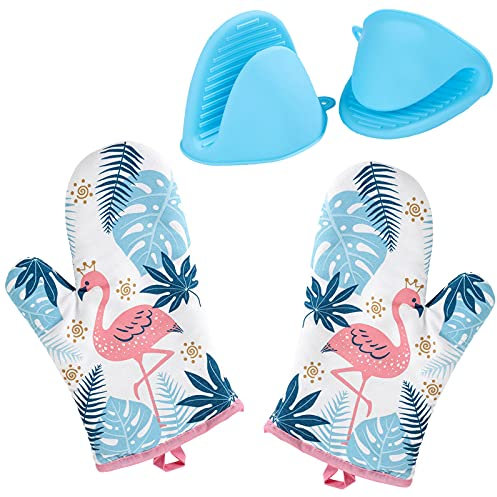 Keleily Gants de Four Résistant à la Chaleur 1 Paire Gant de Four Doublure en Coton avec 1 Paire Gant Cuisine Silicone pour Cuisine Cuisson Barbecue, Flamant Rose Design