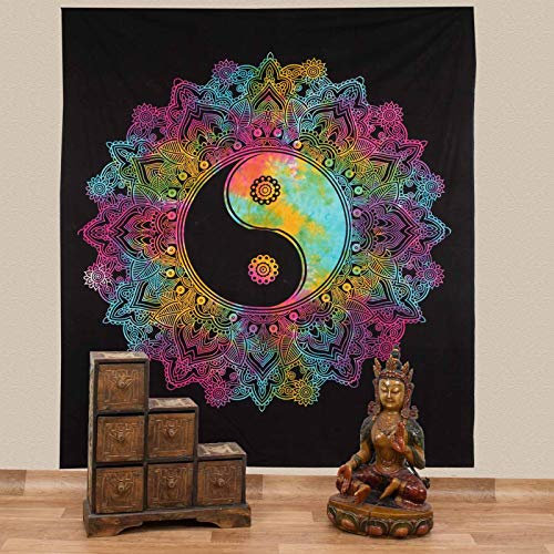 Kunst und Magie Tagesdecke Wandbehang Tuch Buntes Ying & Yang Mandala ca. 200 x 230cm