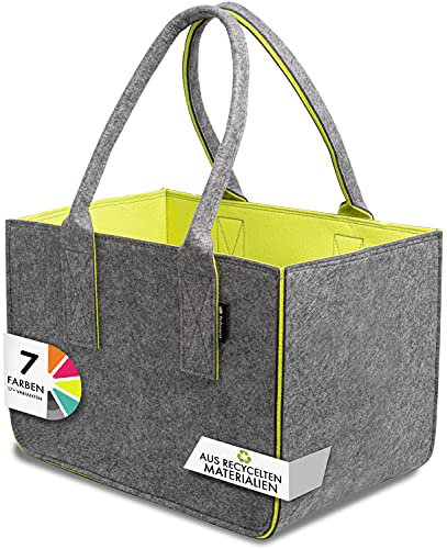 Shopping Bag aus Filz, große Einkaufs-Tasche mit Henkel, Einkaufskorb, faltbare Kaminholztasche zur Aufbewahrung von Holz, vielseitige Tragetasche auch für Spielzeug, dunkelgrau/gelb