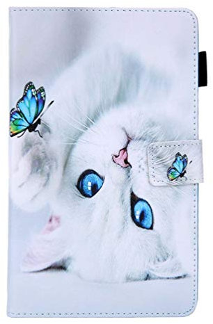 AIFILLE Animaux Coque Cover pour Tablette Samsung Tab A 8.0 Pouces 2019 T290/T295 Chat Blanc Cute Motif Portefeuille Enfant Étui en Cuir PU à Rabat Antichoc Housse de Protection avec Fonction Support