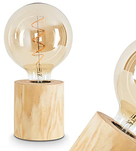 Tischleuchte Canedo, moderne Tischlampe aus Holz in Natur/Schwarz, Leuchte m. An-/ & Ausschalter am Kabel, Retro/Vintage-Leuchte im skandinavischen Design, 1 x E27 max. 25 Watt, 10 cm, m. Lichteffekt