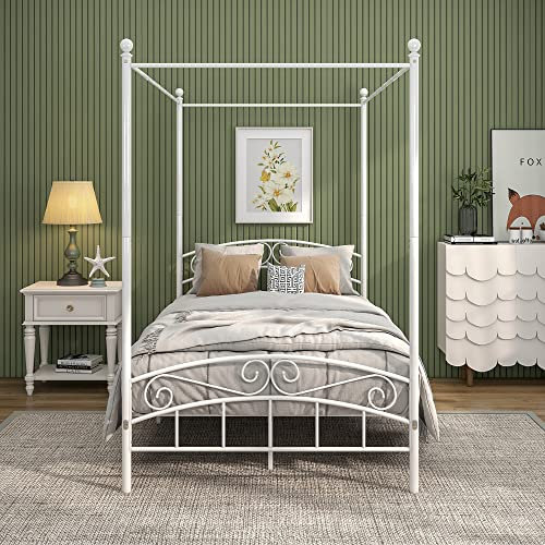 JURMERRY Canopy Double Bed Frame with Ornate European Style Headboard & Footboard Sturdy Steel Perfectly, Easy DIY Assembly, Texture White