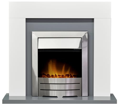Adam Dakota Fireplace in Pure White & Grey with Colorado Electric Fire in Brushed Steel, 39 Inch