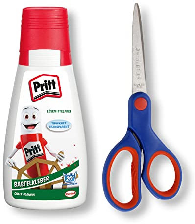 Pritt Set mit Bastelkleber und Bastel-Schere, transparent trocknender Alleskleber für Zuhause, Schule oder Büro, weißer Bastelleim für Kinder, 1 Flasche à 100 g + 1 Noris Club Schere 17 cm, 9H PAKC2X