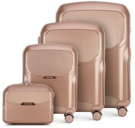 WITTCHEN Stilvoller Koffer-Set of 4 Trolley Strapazierfähigem Polycarbonat Trolley 4 Doppel-Lenkrollen TSA Zahlenschloss Reisekofferset Gepäckset (S+M+L+Kosmetikkoffer) Rosa getaucht