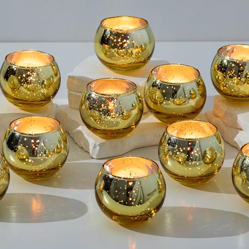 Romadedi Lot de 12 bougeoirs ronds en verre mercure pour bougie chauffe-plat - Décoration de fête de mariage ou de Noël - Doré